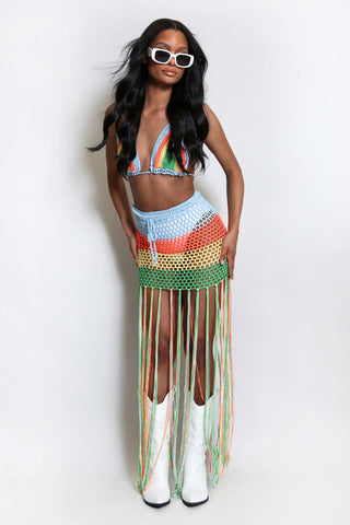 Crochet Bralet and Tassel Maxi Skirt Set