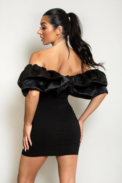 Black bardot cheap ruffle dress