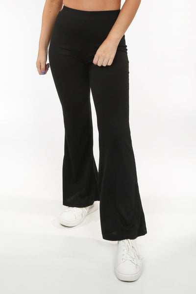 Petite Black Ribbed Flared Pants, Petite