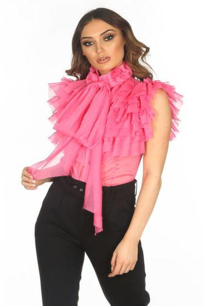 Fuchsia Sleeveless Frilled Sheer Pussy Bow Blouse | Dressed in Lucy