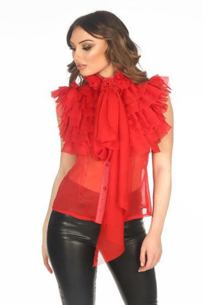 Red Sleeveless Frilled Sheer Pussy Bow Blouse | Dressed in Lucy