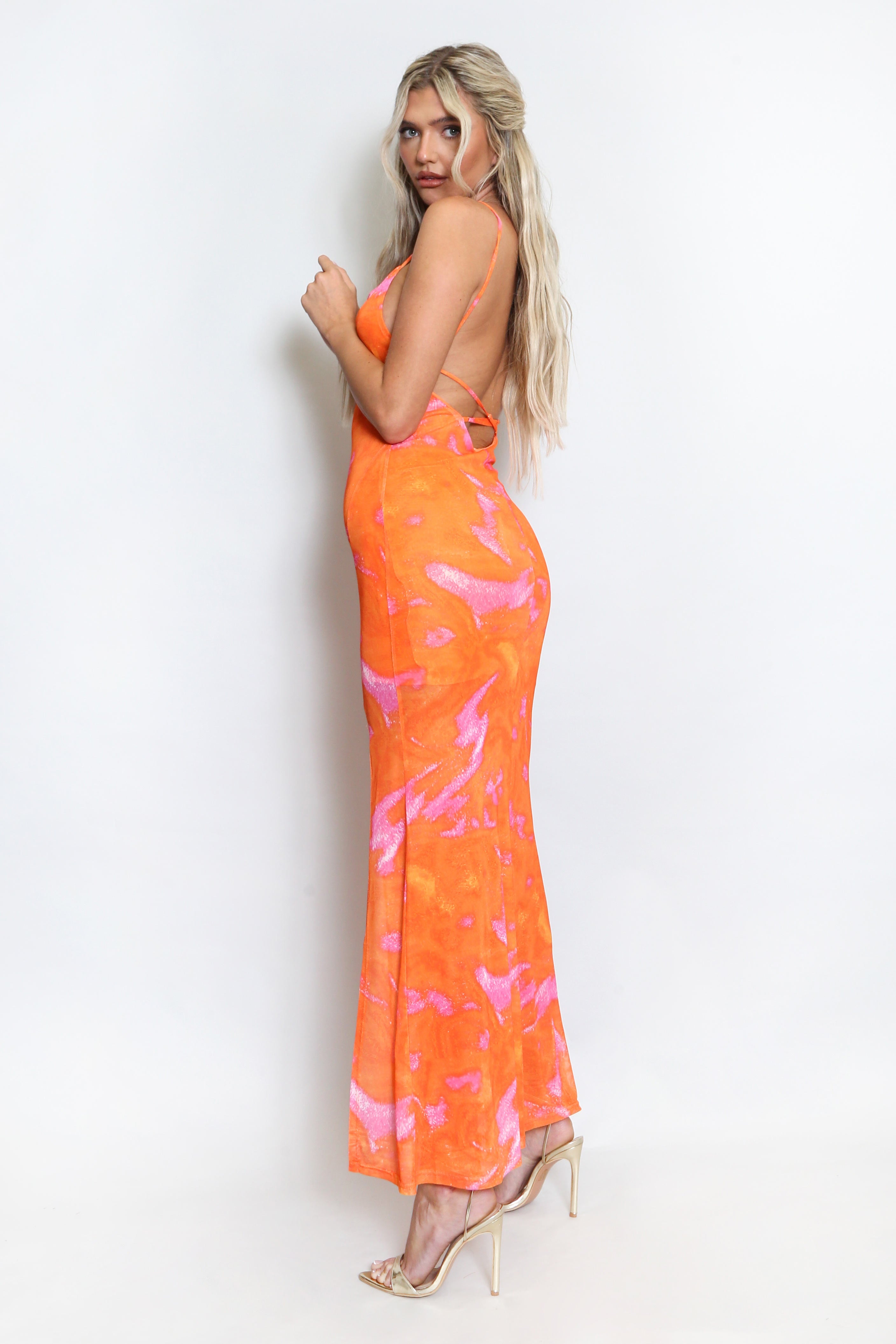 Orange Printed Side Slit Maxi Dress