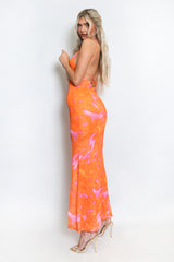 Orange Printed Side Slit Maxi Dress