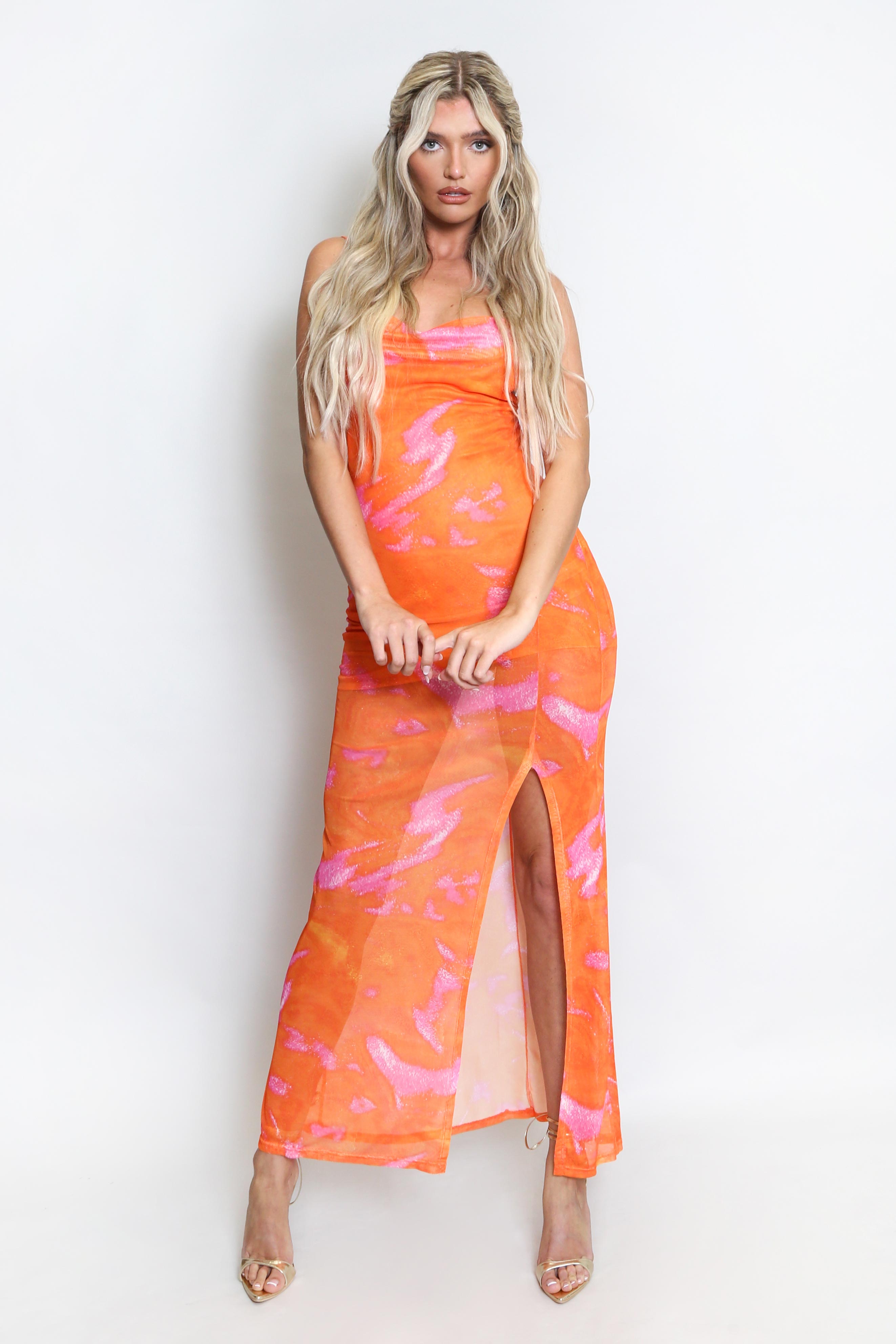 Orange Printed Side Slit Maxi Dress