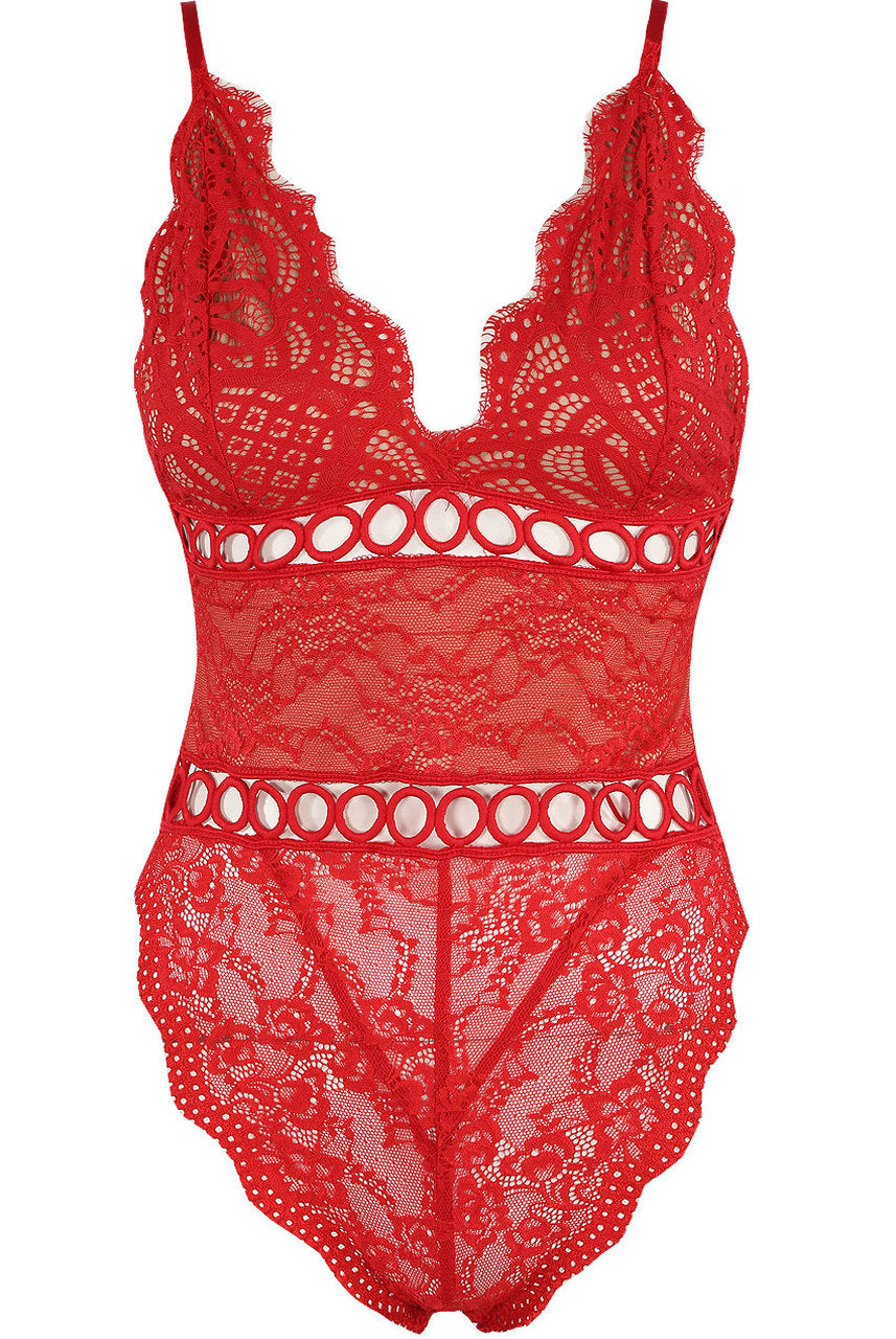 Red Sheer Lace Embroidered Bodysuit