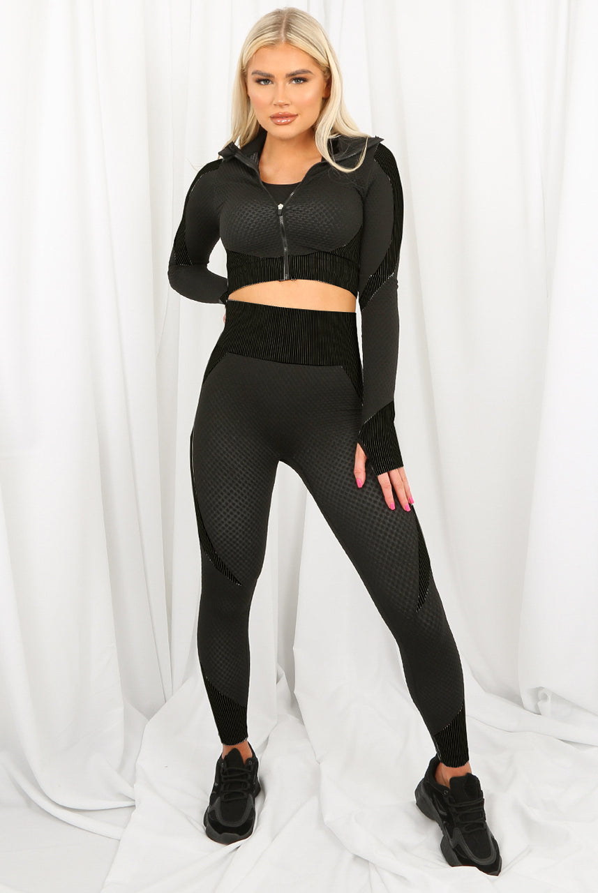 ‘Madison’ Black Three Piece Cut Out Gym Top and Push Up Legging Set