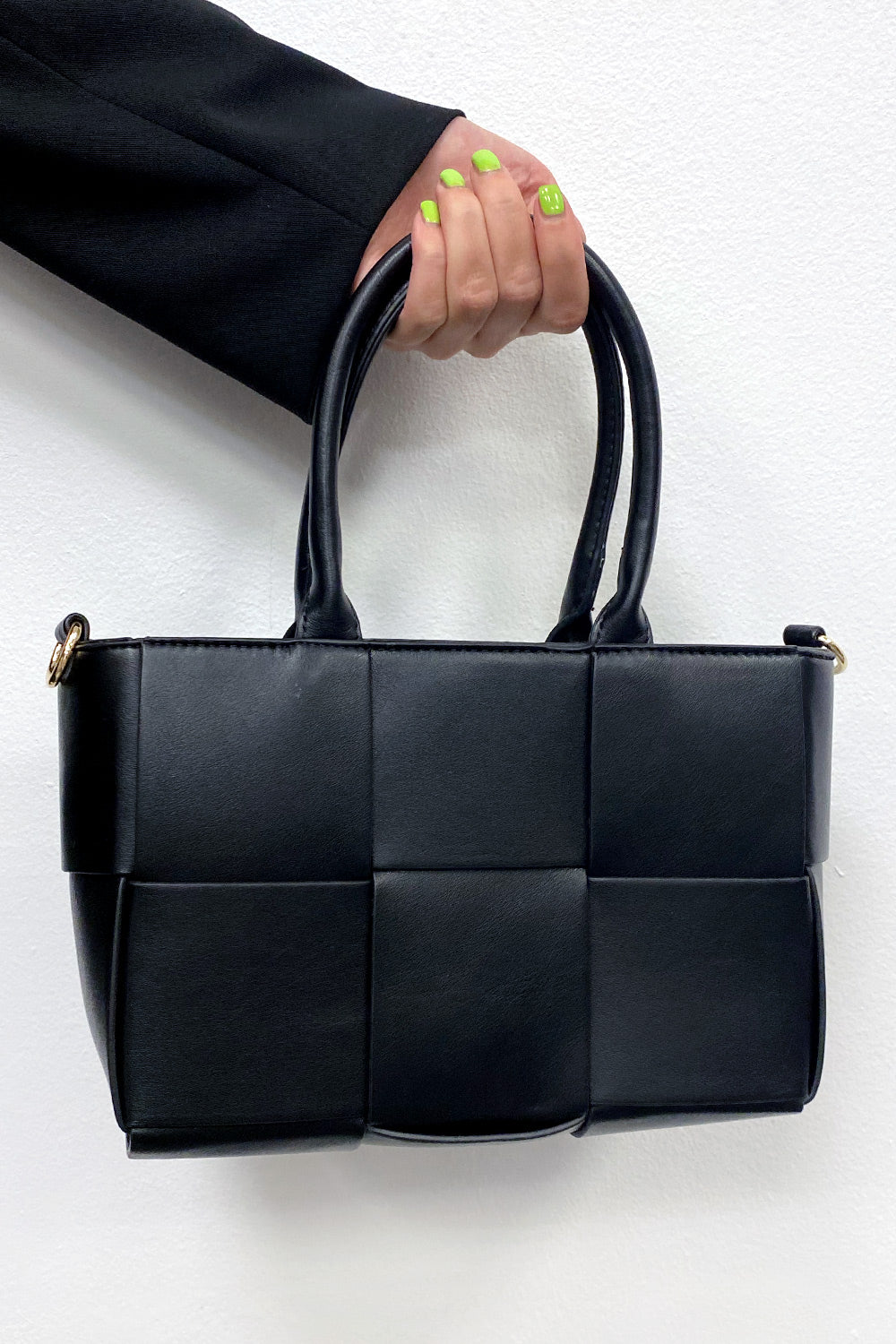 Black Faux Leather Woven Tote Bag | Dressed in Lucy