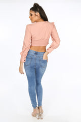 Pink Cropped Button Front Blouse