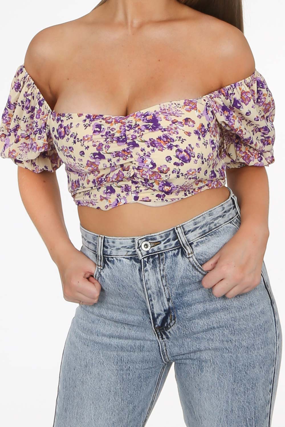 Beige Floral Puff Sleeve Crop Top