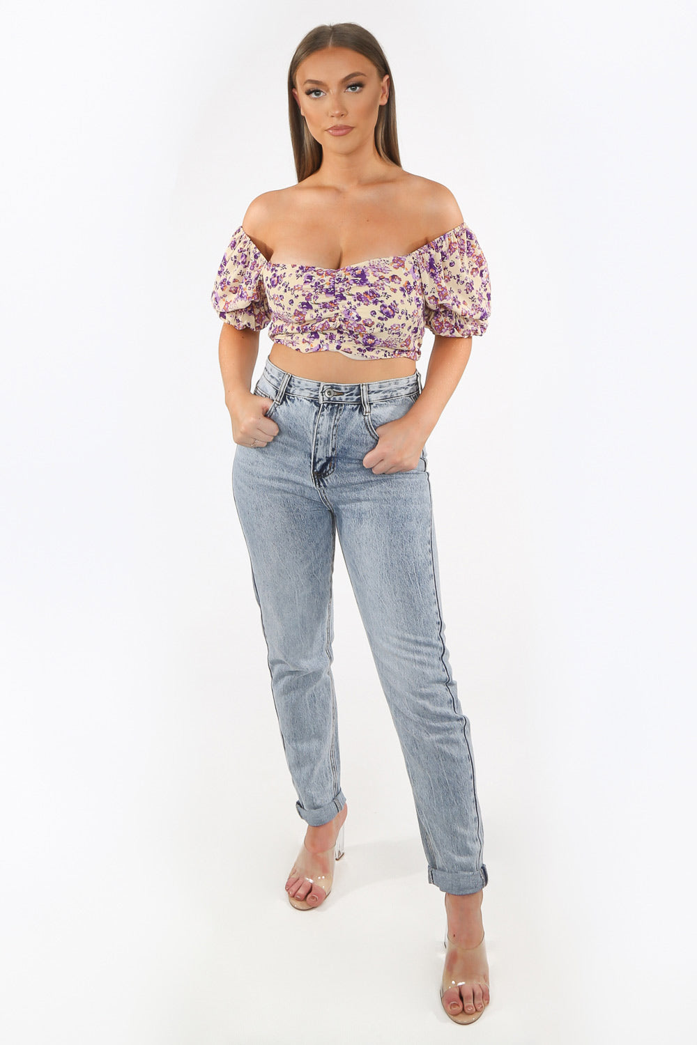 Beige Floral Puff Sleeve Crop Top