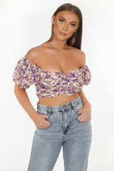 Beige Floral Puff Sleeve Crop Top