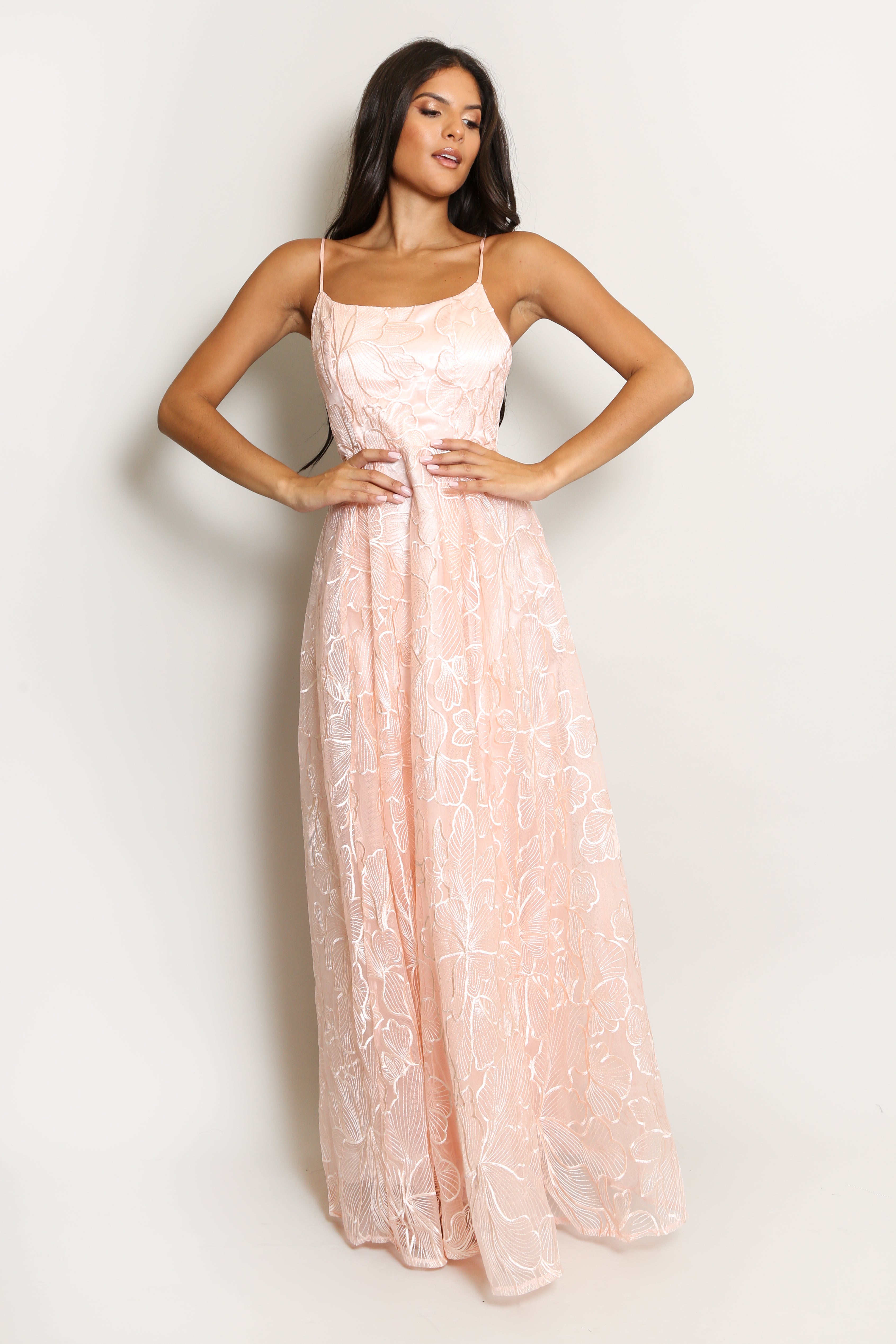 Bridal Pink Floral Embroidered Lace Maxi Dress