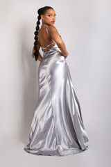 Silver Cowl Neck Satin Maxi Dress