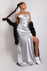 Silver Cowl Neck Satin Maxi Dress