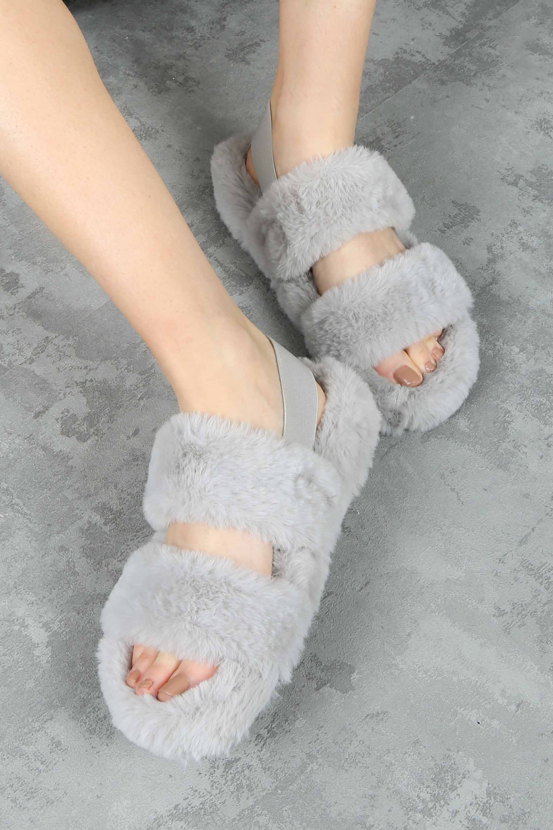 Grey Two Strap Chunky Slippers Dressed in Lucy