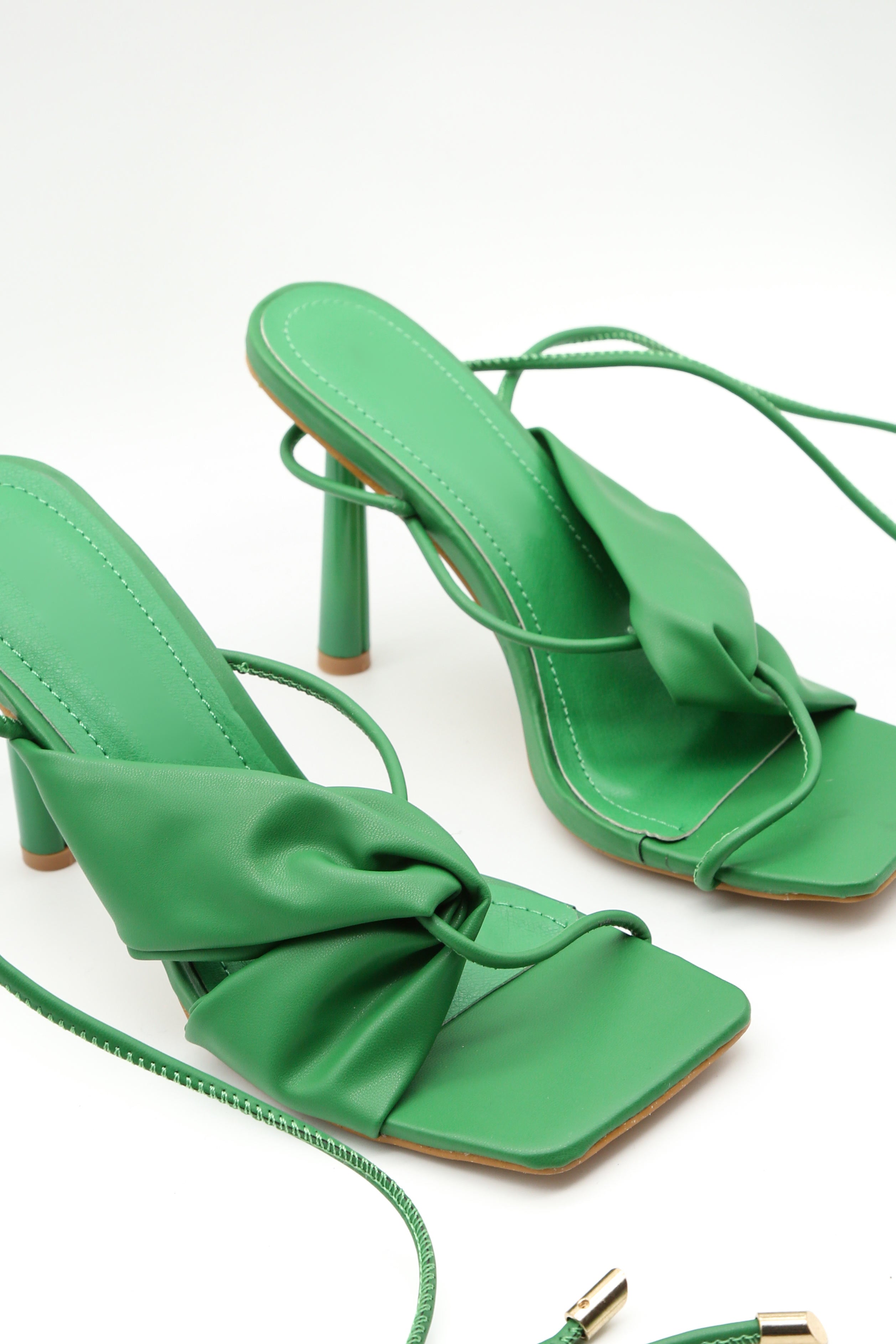 Green Lacey Square Toe Strappy Lace Up Heels Dressed in Lucy