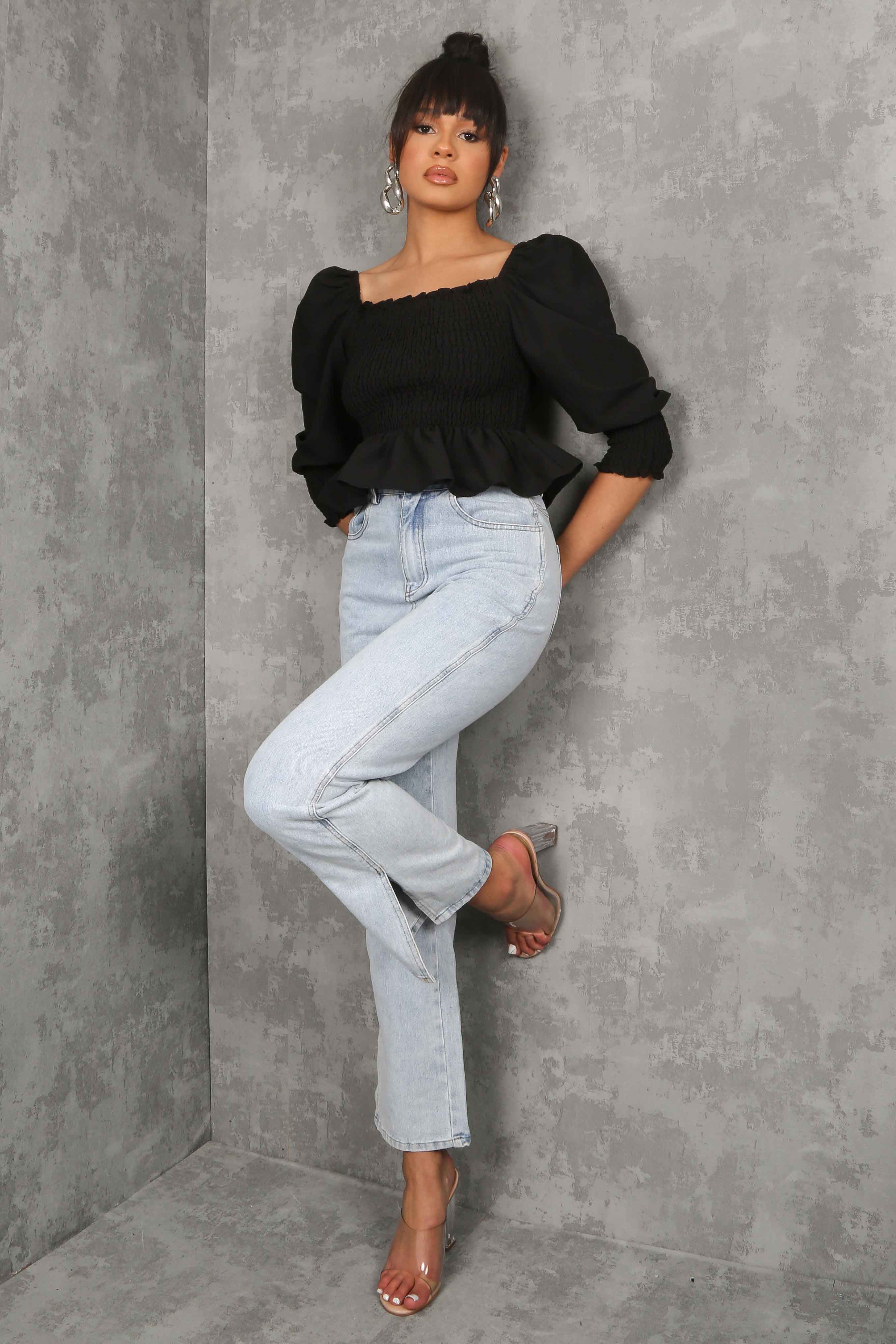 Black top with outlet white puff sleeves