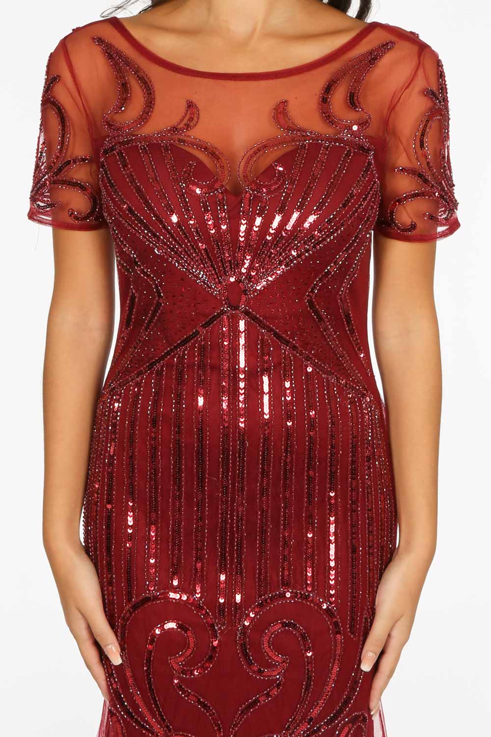 Red Premium Collection Short Sleeve Sequin Mesh Maxi Dress