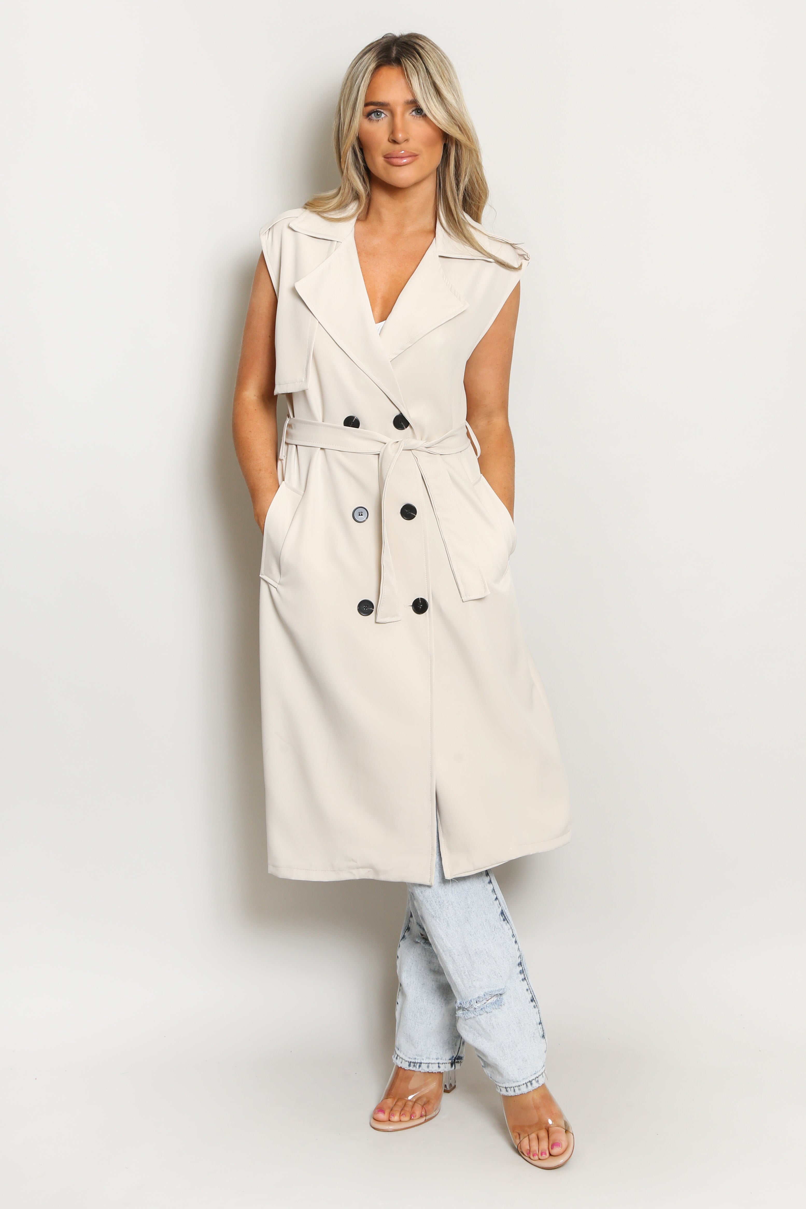 Beige Belted Sleeveless Coat | Dressed in Lucy