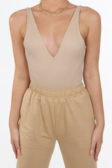 Nude Ribbed Plunge Neck Bodysuit