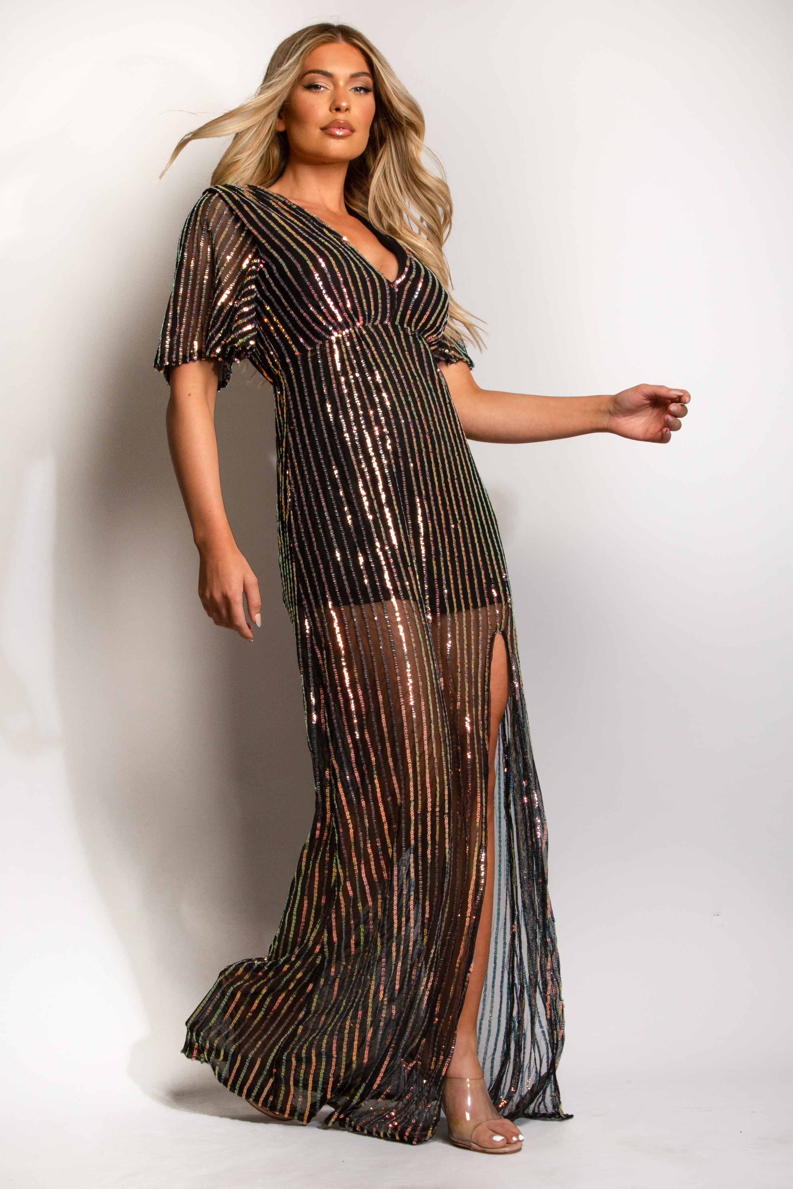 Black Sequin Maxi Dress With Split