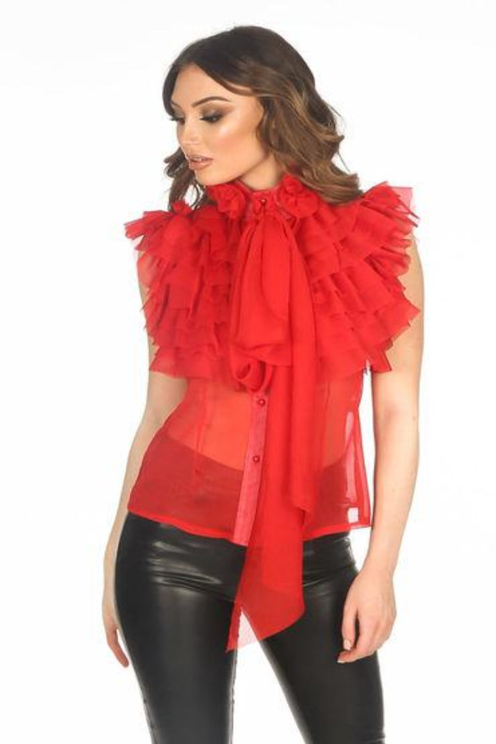 Red Sleeveless Frilled Sheer Pussy Bow Blouse | Dressed in Lucy