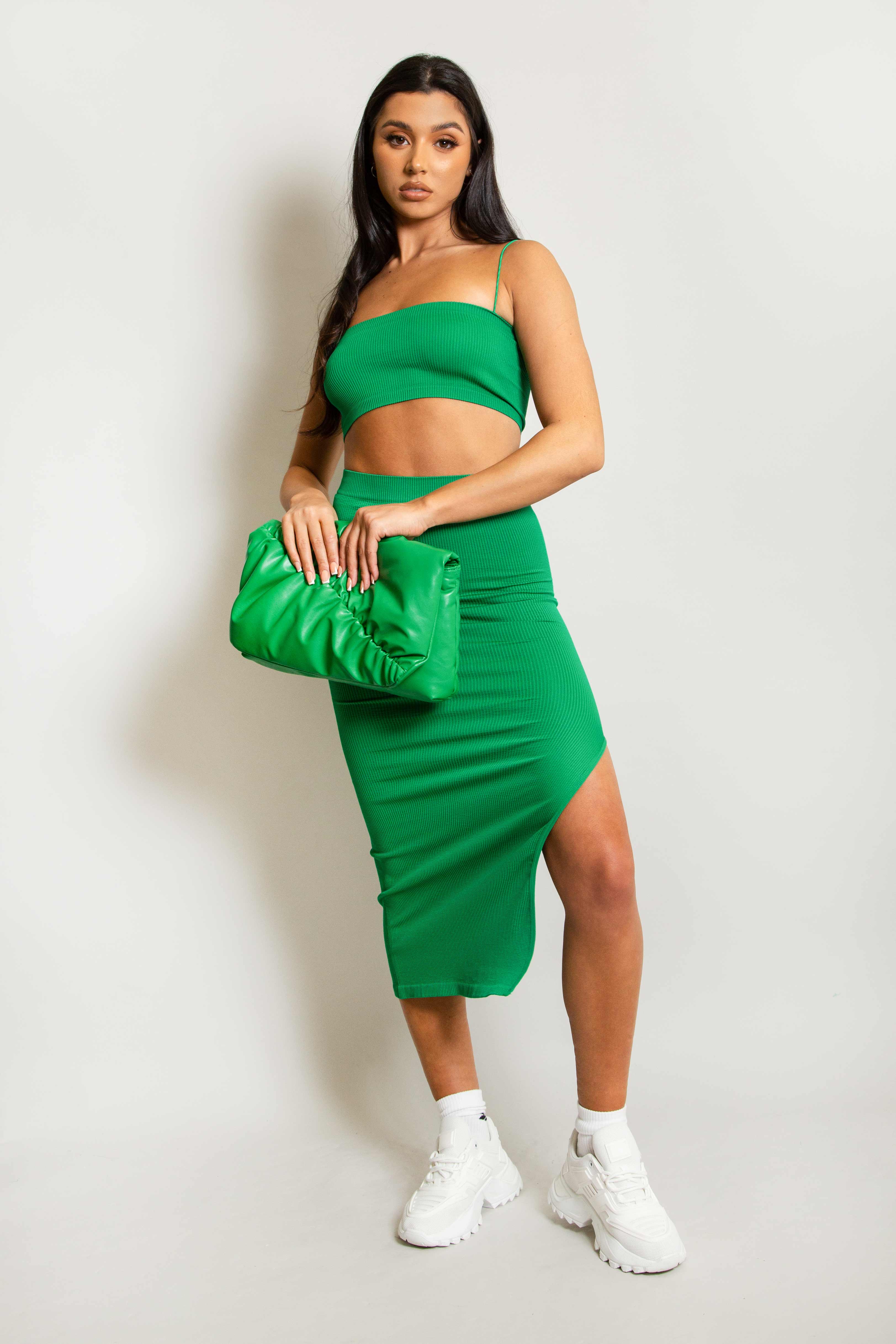 Jade Green Ribbed Bralet & Split Thigh Midi Skirt Co-ord