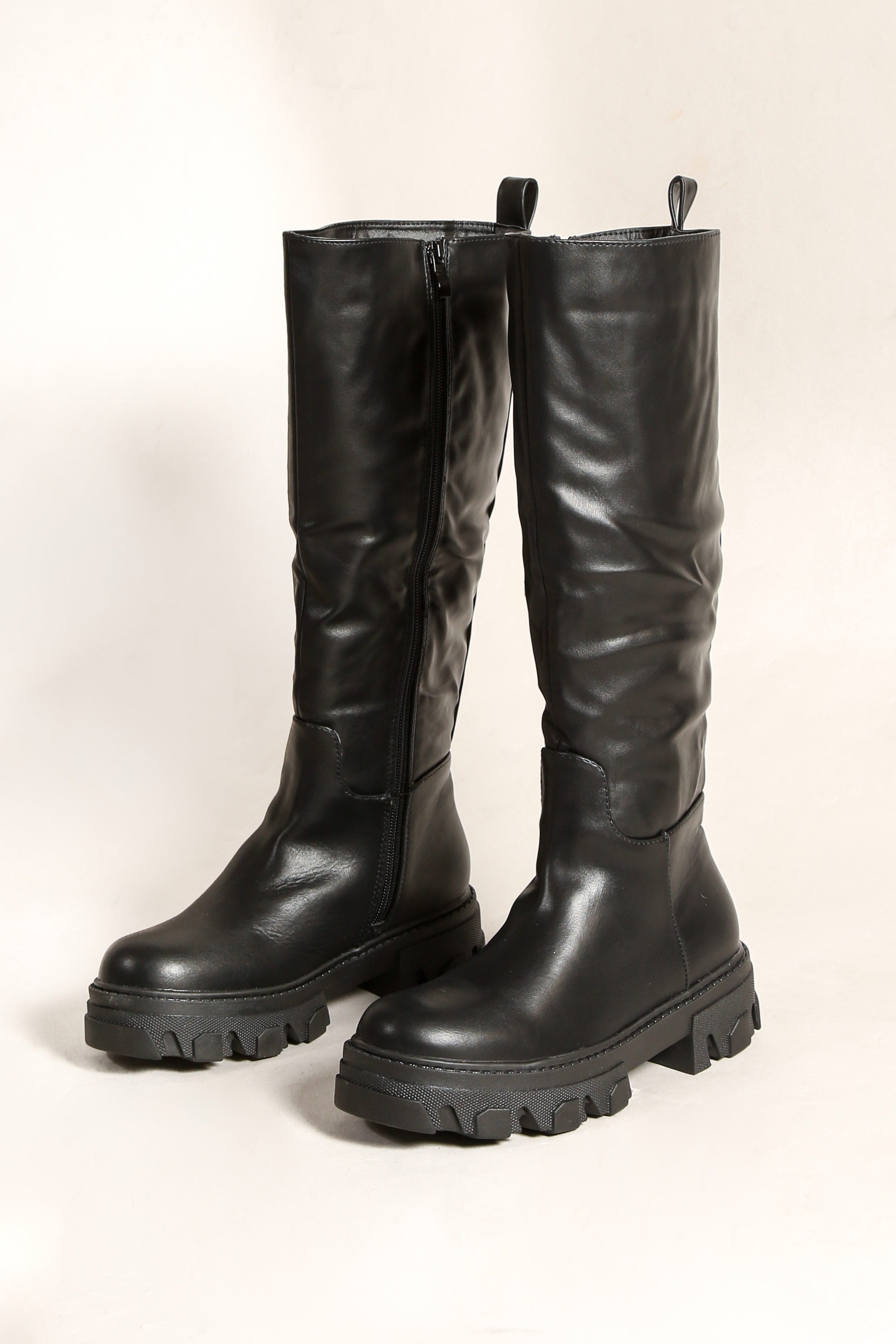 Black Chunky Sole Side Zip Calf length Biker Boots