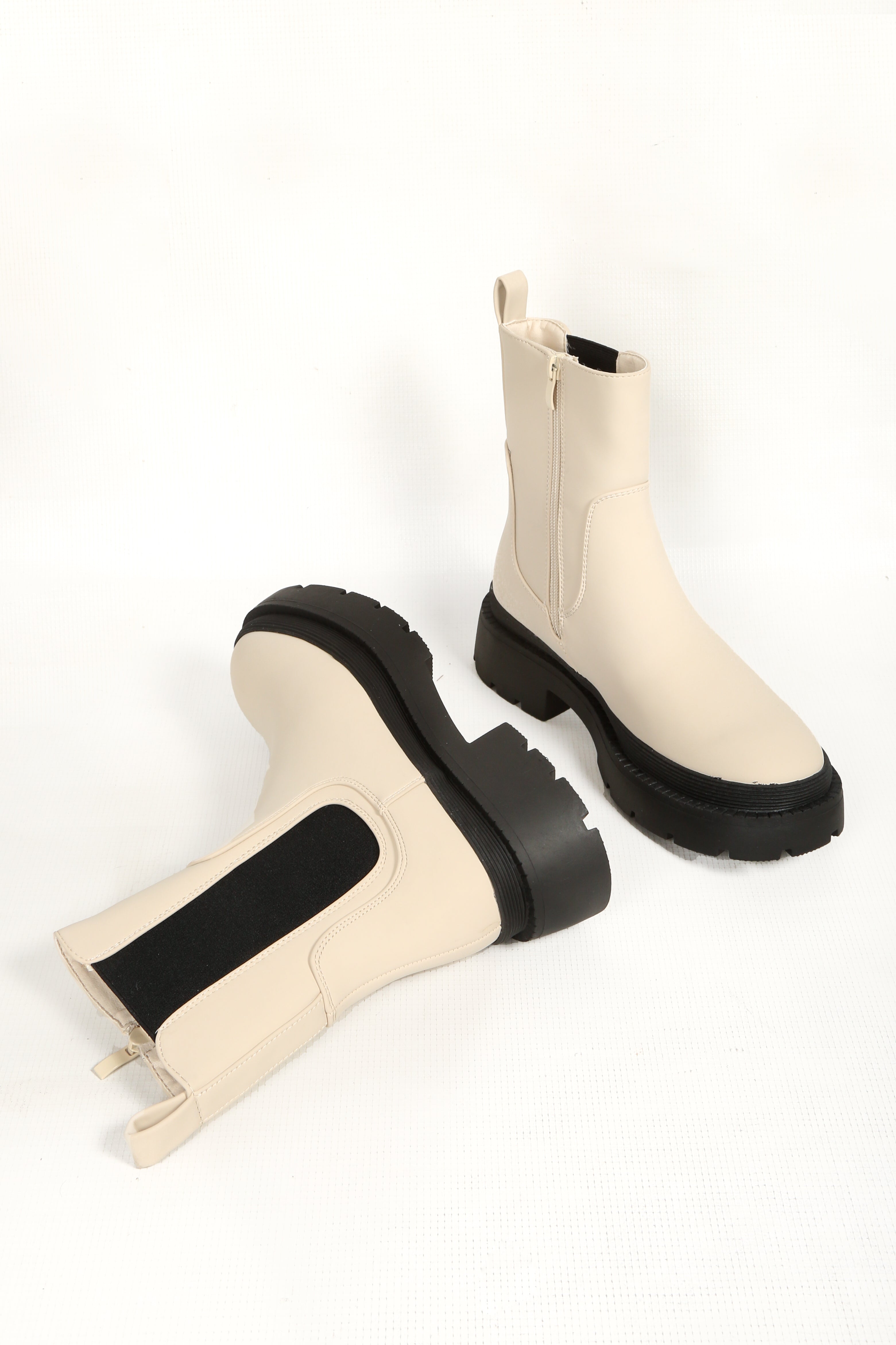 Beige Chunky Platform Side Zip Ankle Boots | Dressed in Lucy