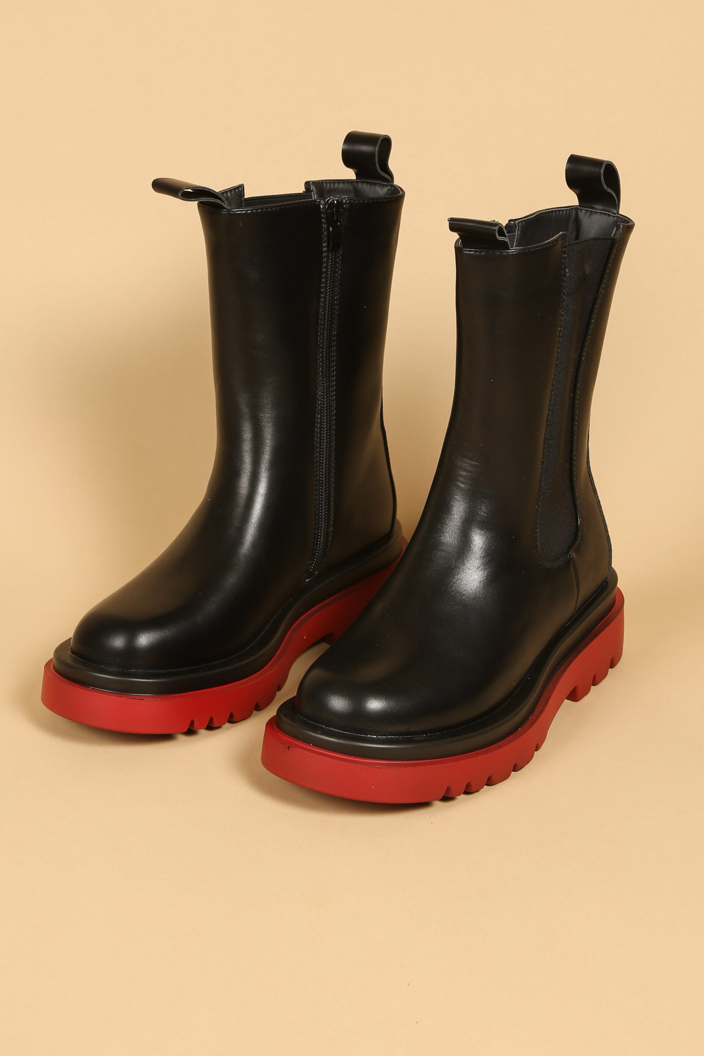 Finale Black Pu Red Chunky Sole Ankle Wrap Boots